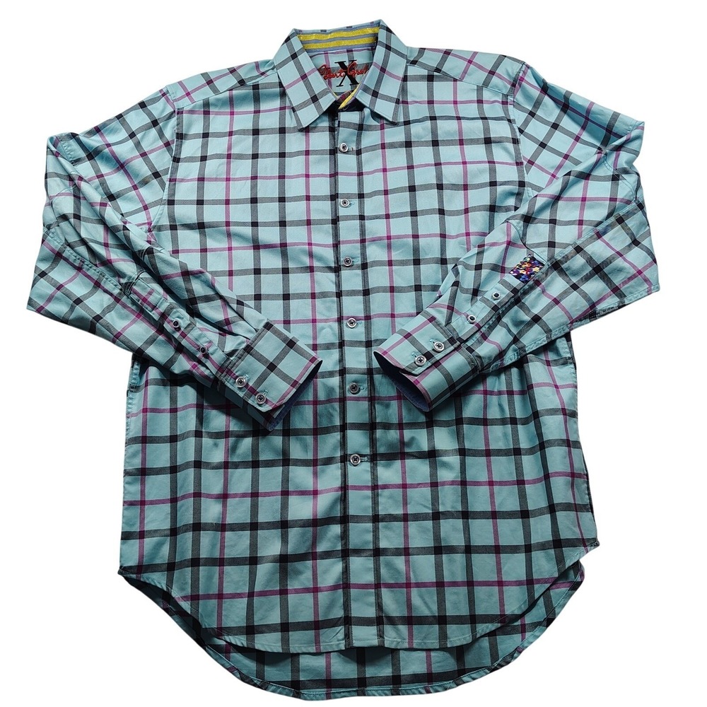 Robert Graham Mens Large Turquoise Purple Plaid Long Sleeve Button Down Shirt L